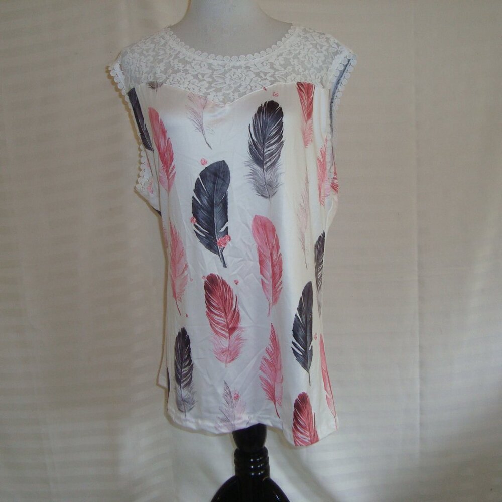 NXH White & Pink Feather Lace Accent Neck Sleeveless Top Size XL NWT